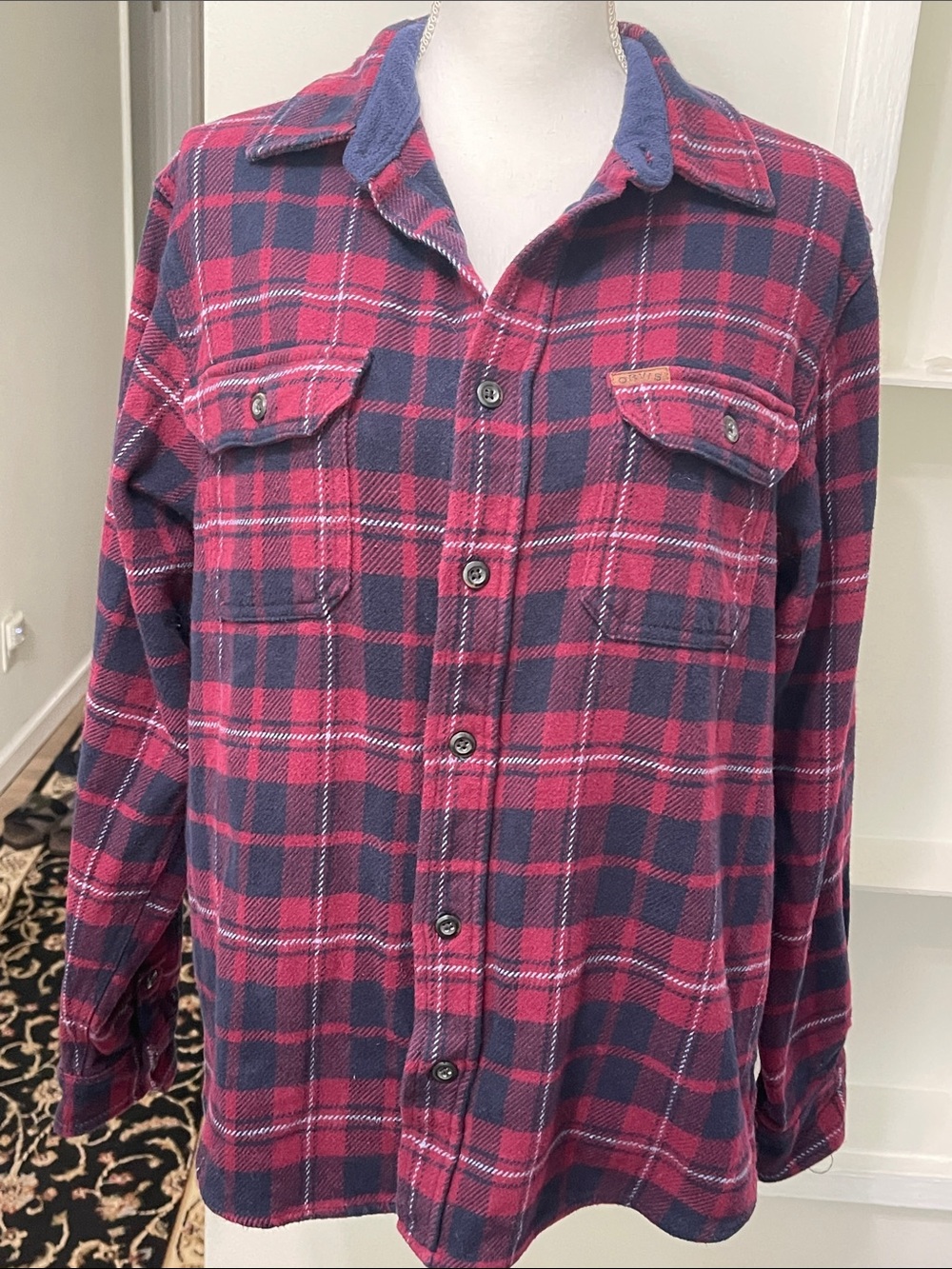 Orvis Big Bear Sangria Red / Navy Blue Tartan Plaid Heavy 100% Cotton Flannel M
